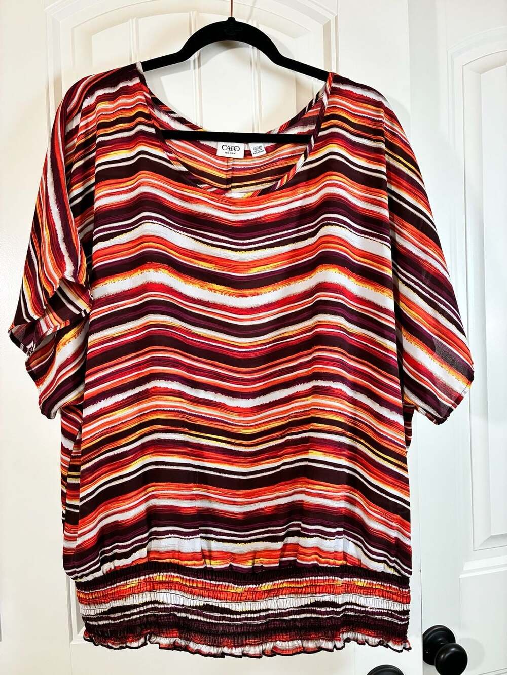 Cato Woman Plus Size 22/24W Multicolor Striped Blouse Short Sleeve Smocked Hem T